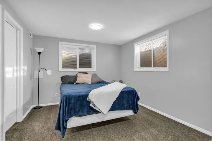Neutral wall palette with two windows, overhead flush-mount lighting, and carpeted flooring