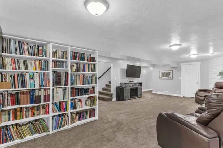Built-in shelving, plush carpet flooring, recessed lighting, and a white paneled door