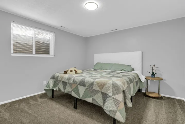 Carpeted room featuring a single window with blinds and a ceiling-mounted light fixture
