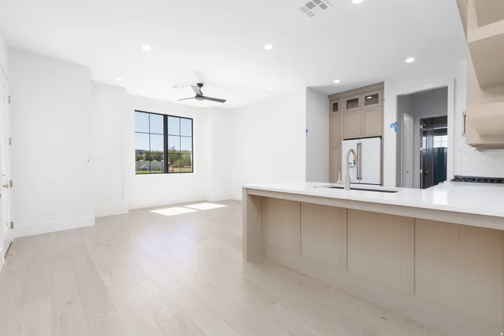 Light wood-finish flooring, recessed lighting, and a kitchen island with an integrated sink and gooseneck faucet