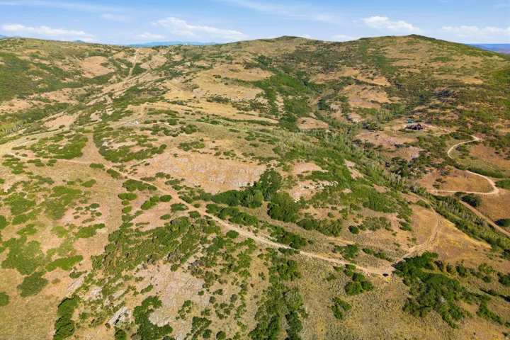 Expansive undeveloped terrain featuring natural vegetation, rolling hills, and a winding unpaved road