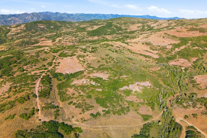 Expansive land parcel featuring diverse terrain, natural foliage, and distant mountain ranges