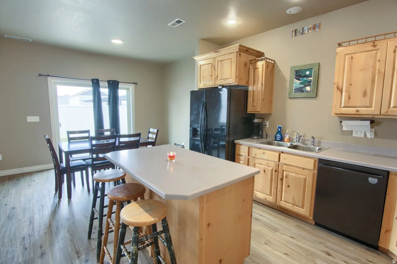 Kitchen featuring wood-finish flooring, light wood cabinetry, a double basin sink, and black appliances