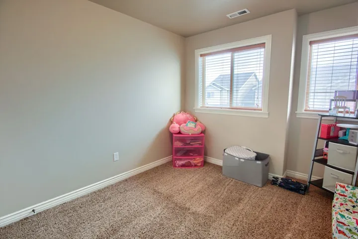 Soft neutral wall tones with white trim, two windows, and textured carpeting