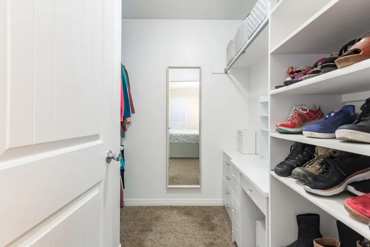 Walk-in closet featuring built-in shelving, integrated drawers, and a full-length mirror