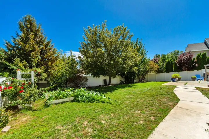 Expansive backyard featuring a manicured lawn, concrete patio, concrete pathway, white privacy fence, and mature trees