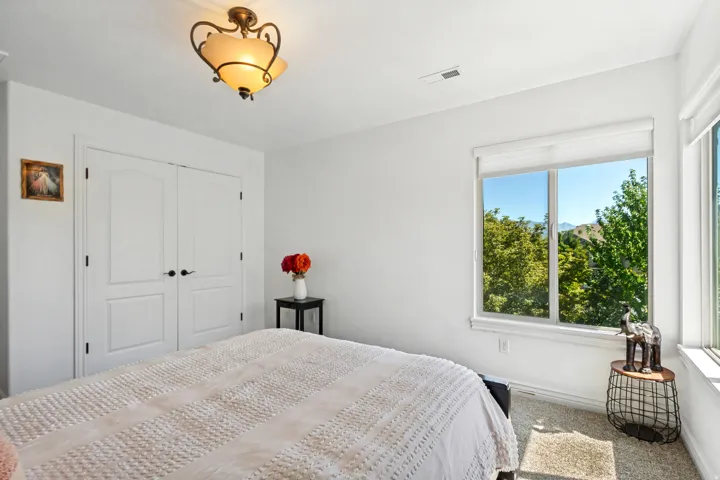 White walls, ceiling-mounted light fixture, double panel doors, window with roller shade, and mountain scenery