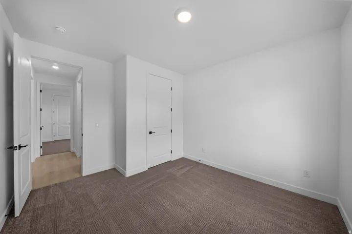 Plush patterned carpeting, recessed ceiling lighting, crisp white walls, and contemporary black door hardware