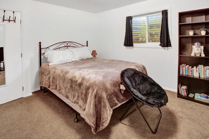 Neutral wall paint, plush carpet flooring, and a built-in dark wood finish bookshelf