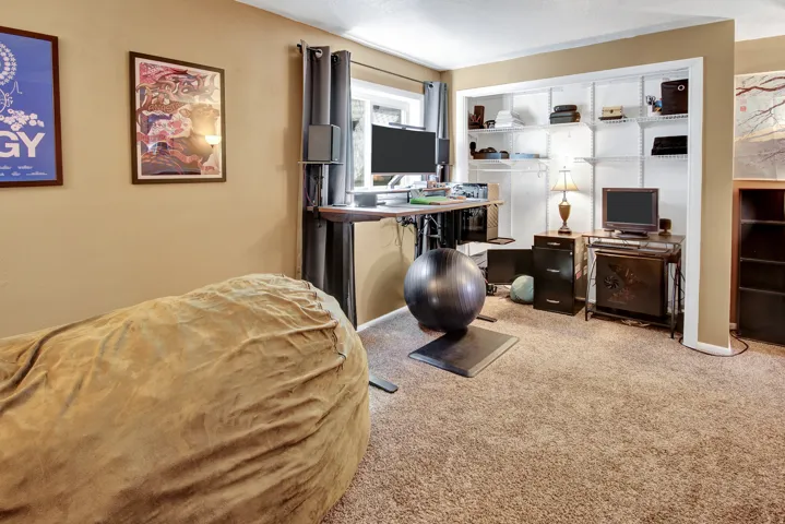 Neutral wall color, carpeted flooring, built-in shelving, and a window with curtain rod