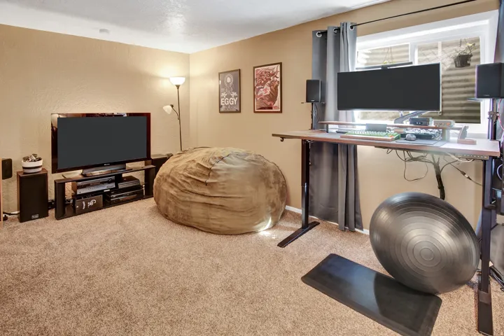 Carpeted flooring, neutral wall tones, and a single window with curtain rods