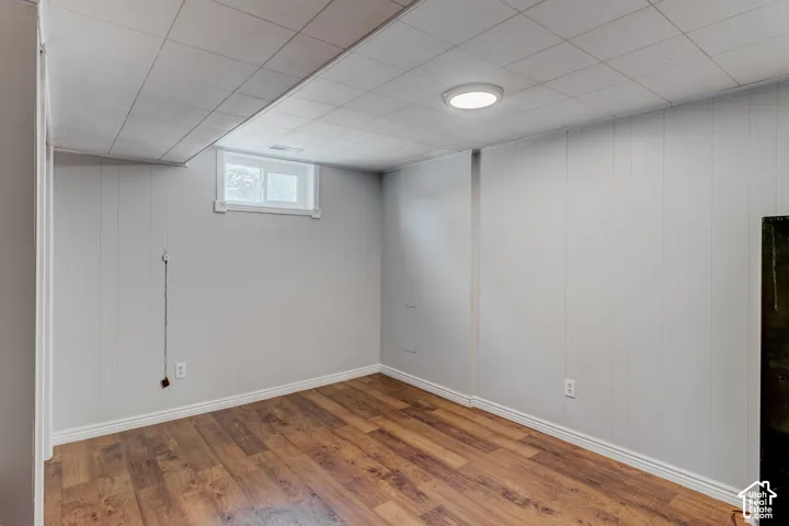 Wood-finish flooring with white trim, light gray paneled walls, and a recessed window