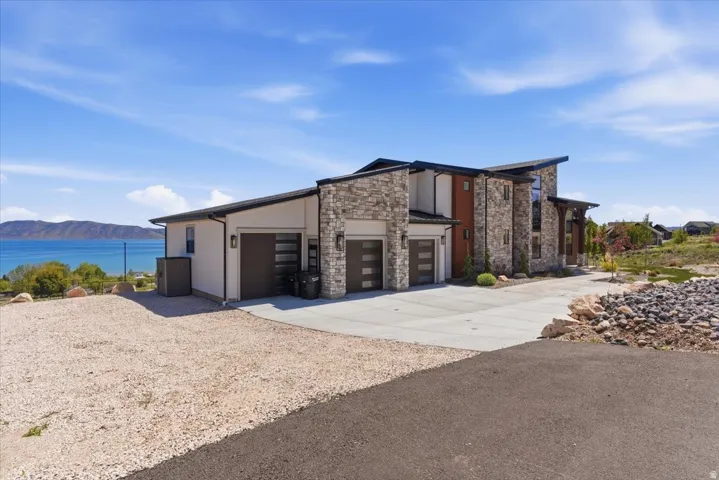 Contemporary architecture with stone and stucco exterior
