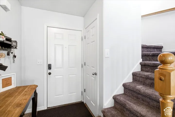 Panel-style entry door, wood-finish flooring, paneled interior door, carpeted staircase, and wood newel post