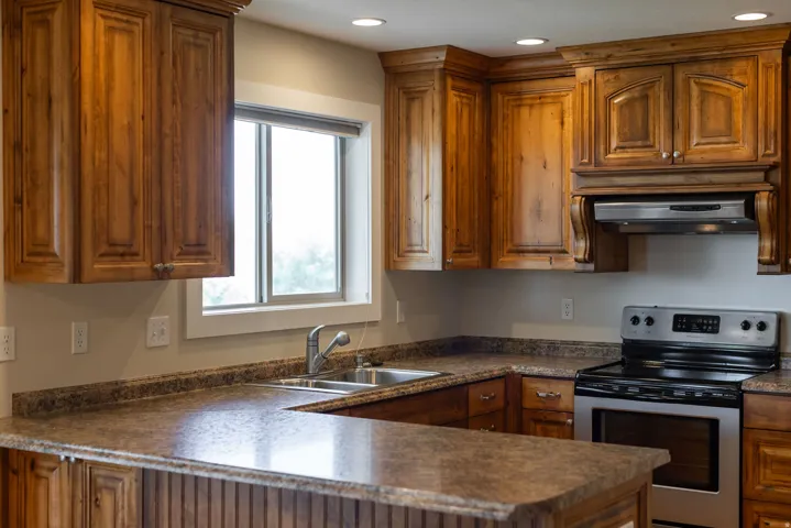 Kitchen with wood cabinetry, stainless steel appliances, a double basin sink, and recessed lighting