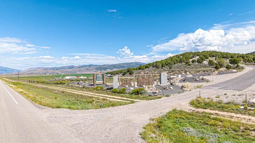 Paved road access with a gravel driveway, surrounded by natural landscaping and distant mountains