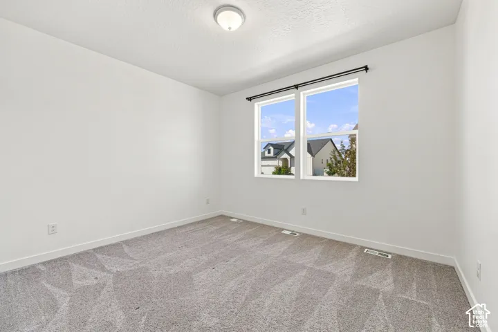 Bedroom 1: Dual-pane windows with black-finish curtain rod, neutral-toned carpet flooring, white painted walls, and a ceiling-mounted light fixture