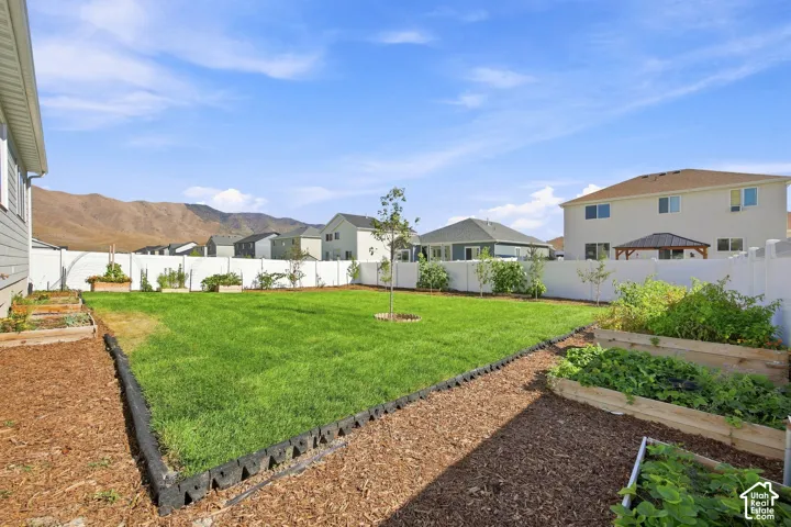 Expansive backyard with a manicured lawn, raised garden beds, wood chip pathways, a young tree, and a white privacy fence