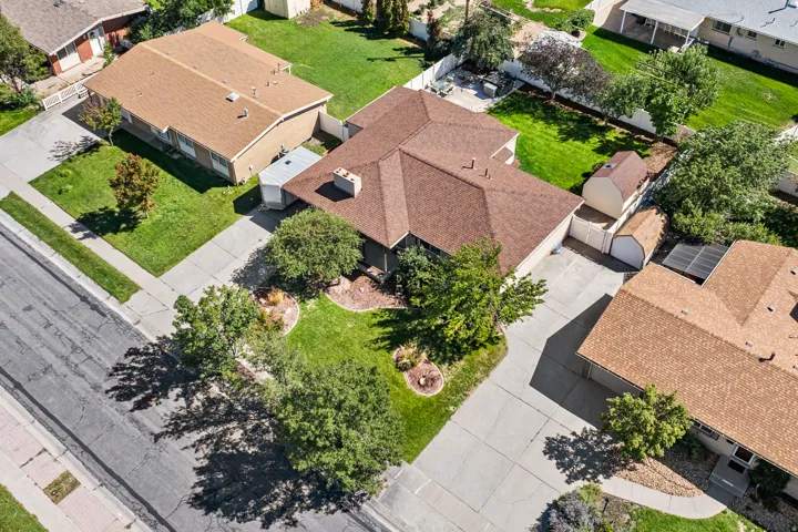 Expansive property featuring a brown shingle roof, concrete driveway, and mature landscaping