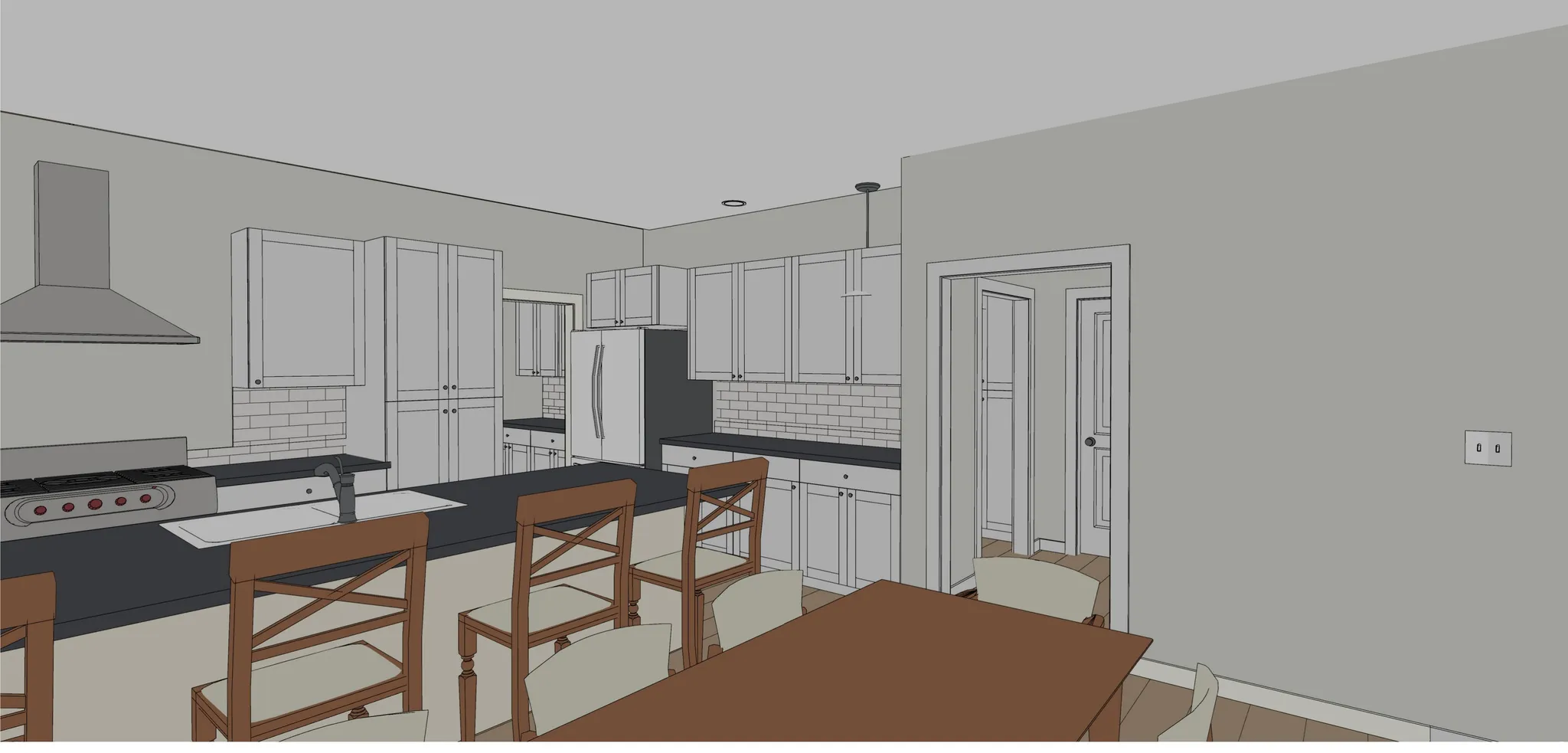 Kitchen with a large island, stainless steel range hood, built-in refrigerator, white cabinetry, and subway tile backsplash