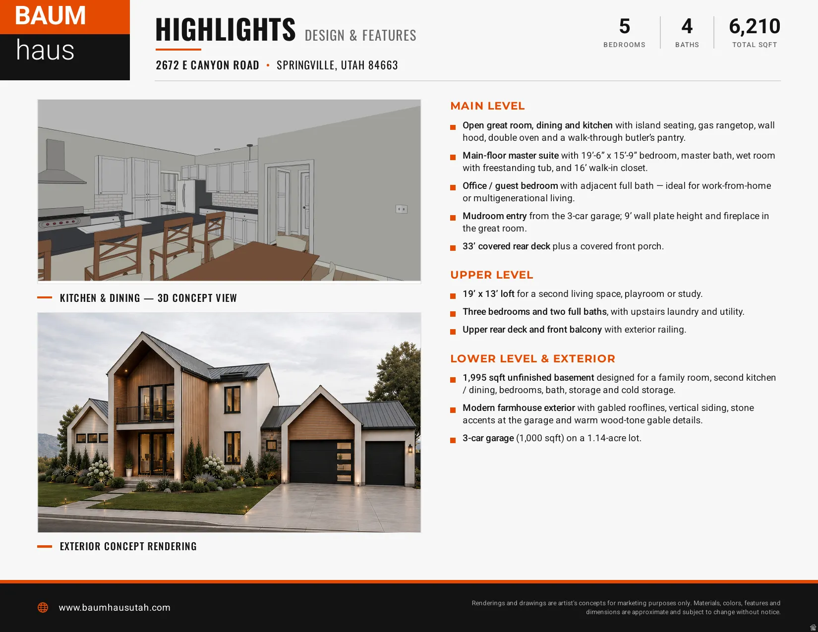 Marketing Brochure. Detailing the property's design features and specifications, including bedroom and bath counts, total square footage, and conceptual renderings