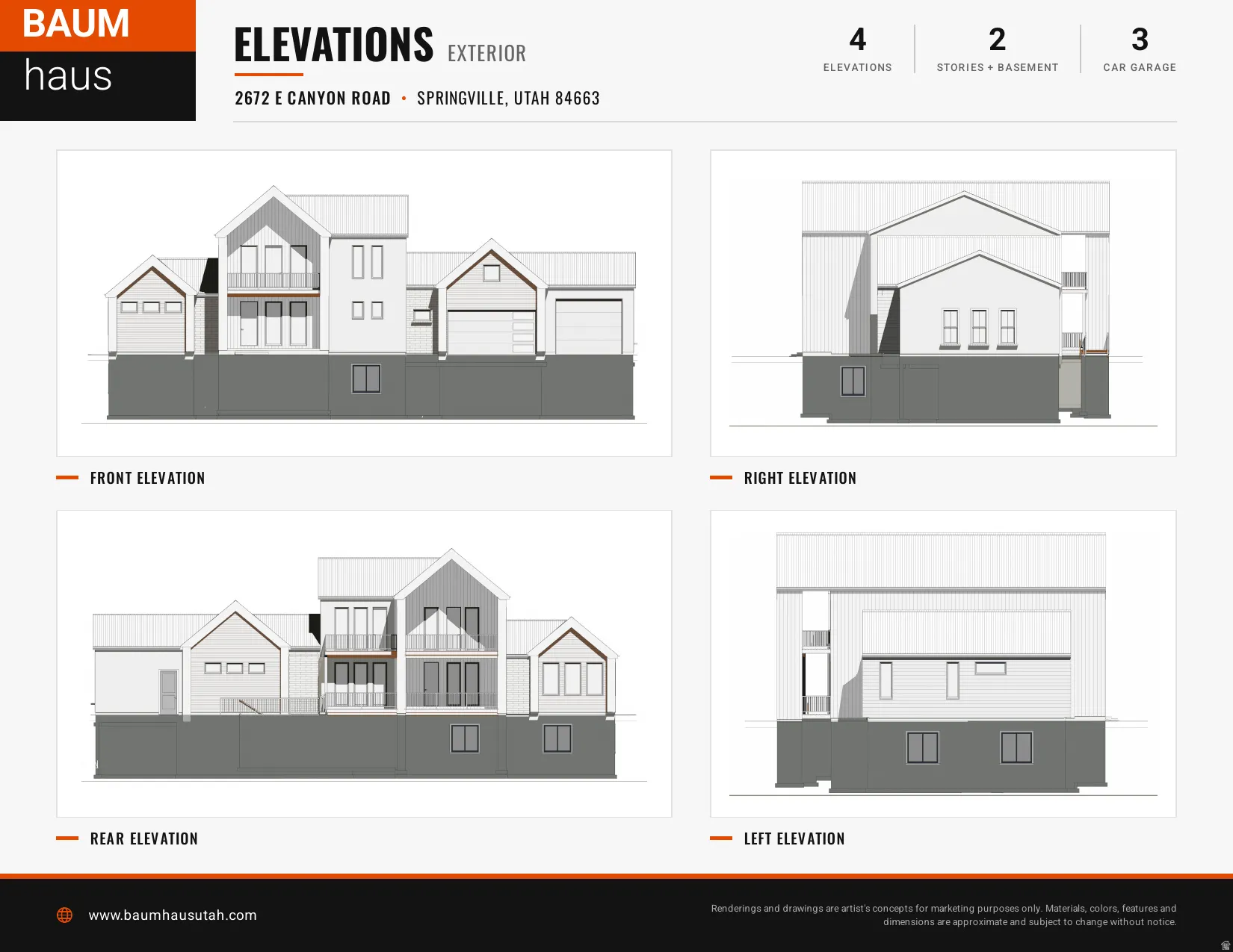 Architectural Elevations. Presenting the front, rear, right, and left exterior views of the property