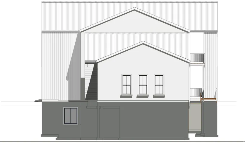 Architectural Drawing, Elevation. Illustrating the side profile of the property's structure and features