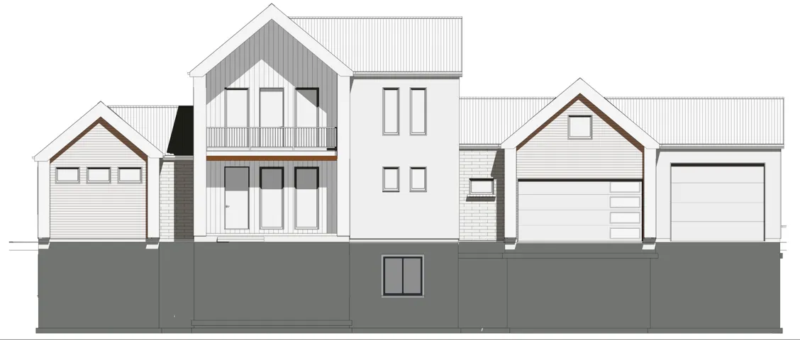 Architectural Drawing, Elevation View. Illustrating the exterior facade of the property from a direct frontal perspective