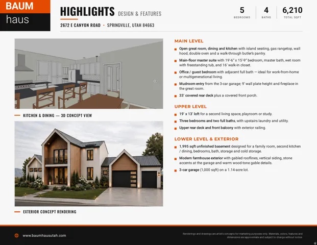 Marketing Brochure. Detailing the property's design features and specifications, including bedroom and bath counts, total square footage, and conceptual renderings