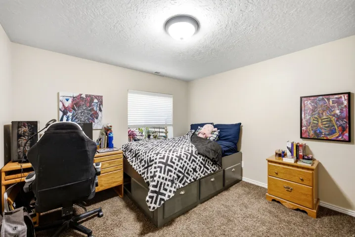 Neutral wall paint, textured ceiling, brown carpet flooring, and a single window with blinds