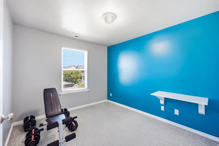 Bright room with a single window, a fixed wall shelf, and a ceiling-mounted light fixture