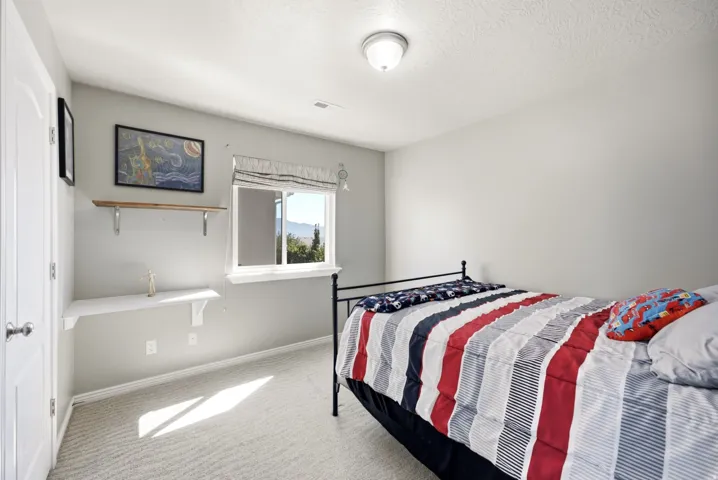 Neutral tone wall paint, textured ceiling, built-in shelving, window with natural light, and plush carpet flooring