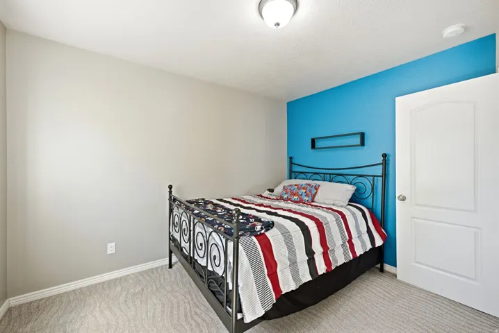 Carpeted flooring, a flush-mount ceiling light, and a white panel door