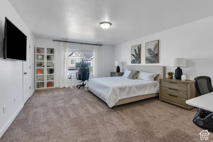 Neutral tone wall paint, flush mount ceiling light, window with white drapery, built-in shelving unit, and carpeted flooring