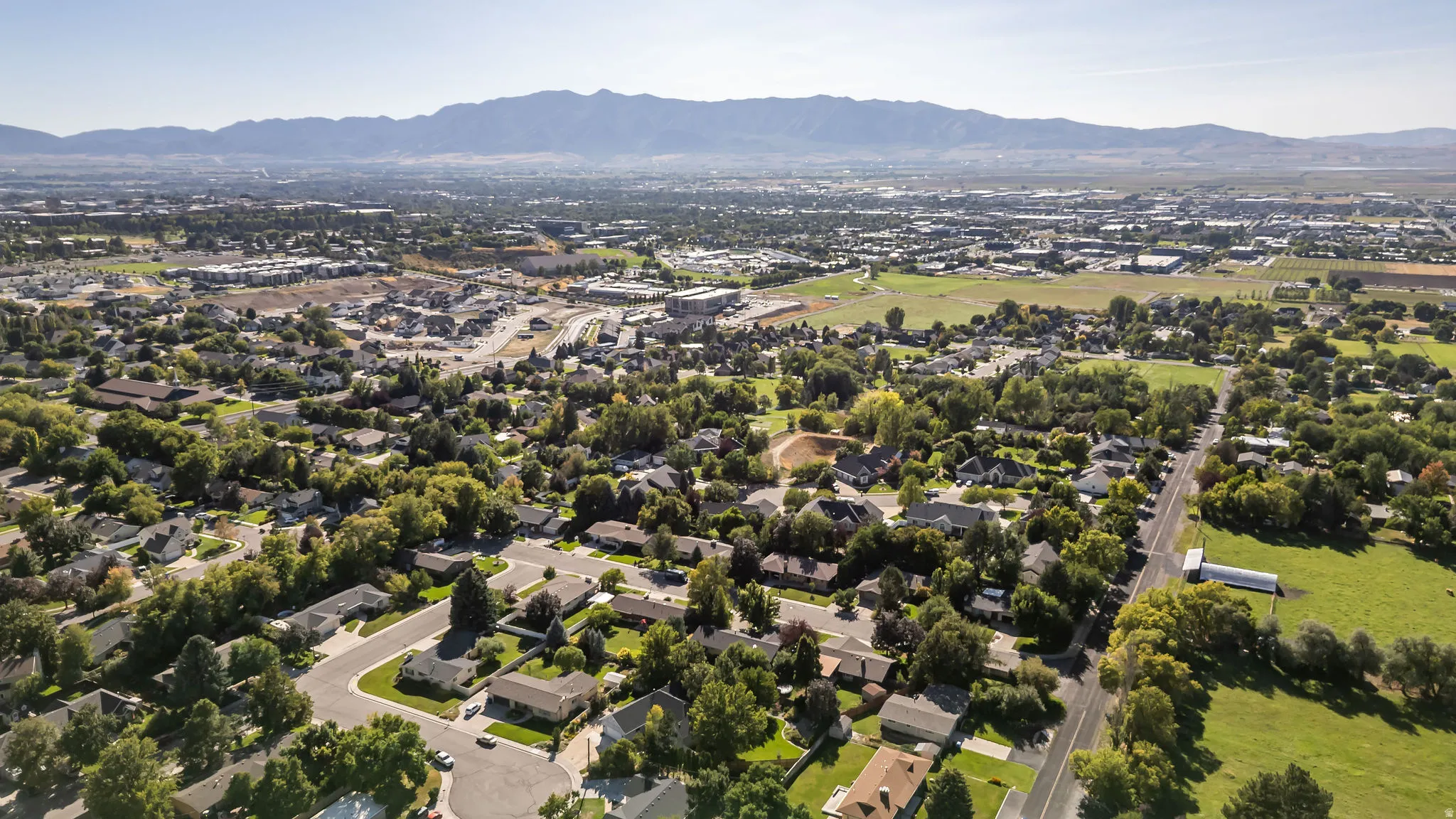 Expansive residential landscape featuring mature trees and mountain scenery