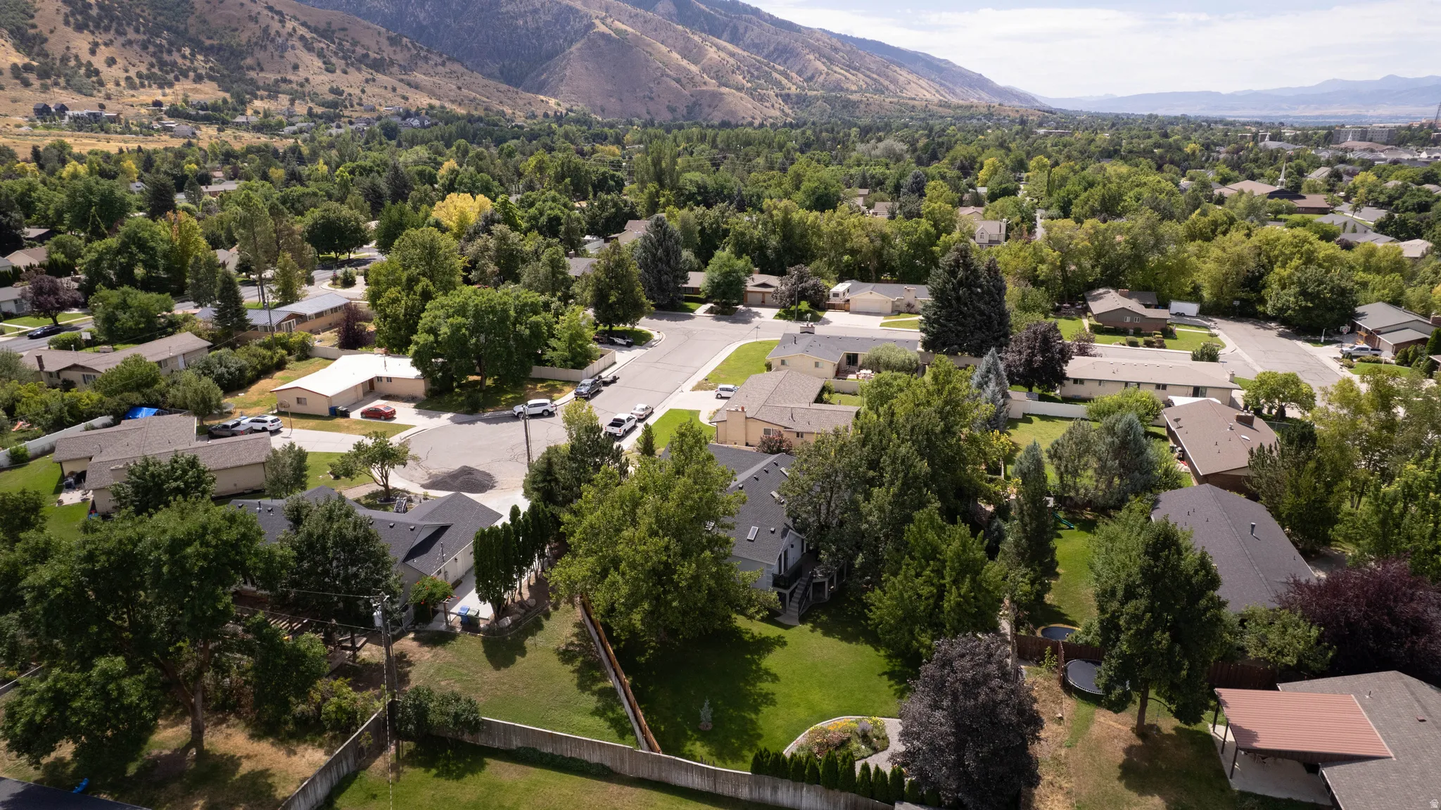 Expansive neighborhood setting with mature trees and mountain backdrop