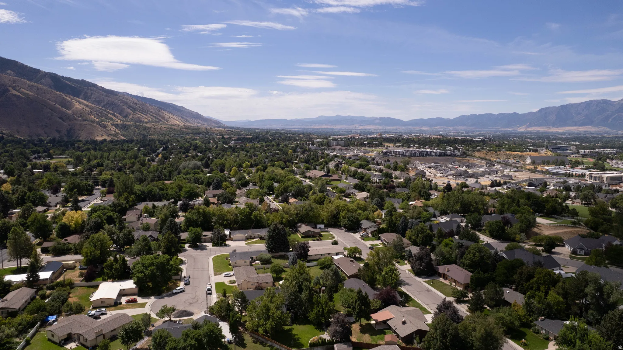 Expansive community with mature trees and mountain scenery