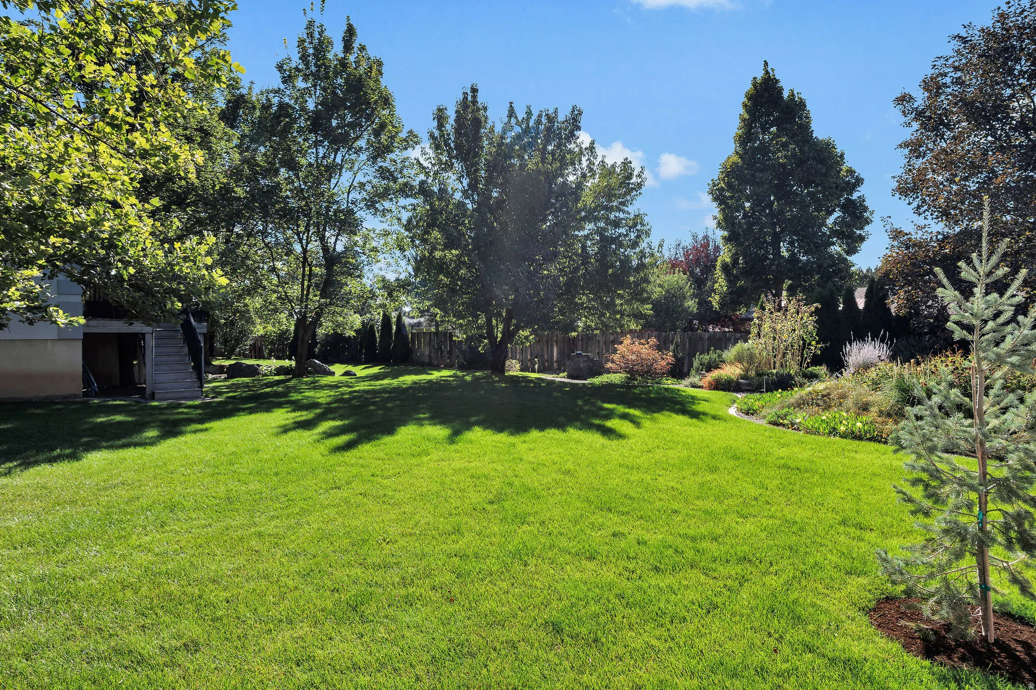 Expansive green lawn with mature trees, established landscaping, and a wooden fence