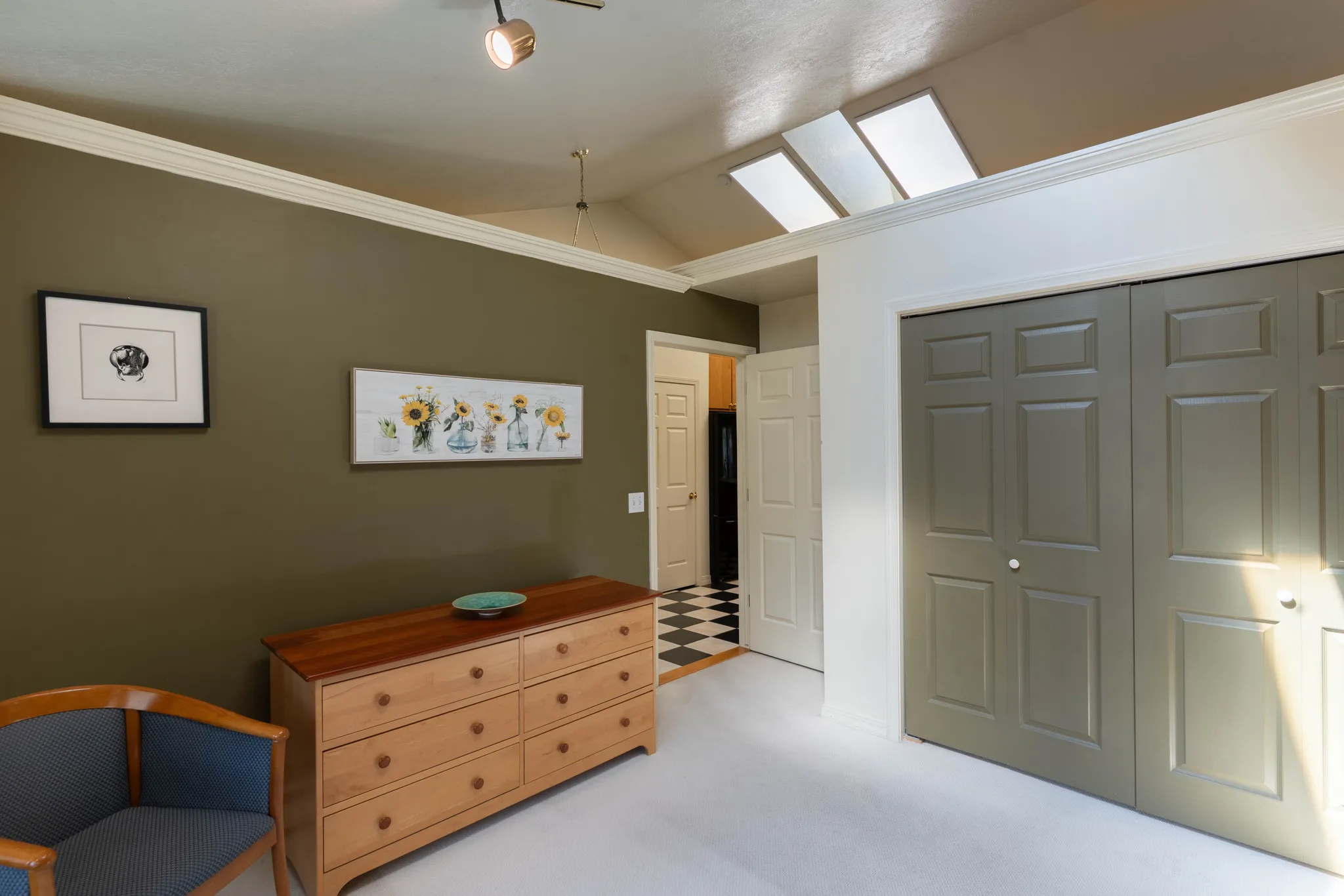 Vaulted ceiling with skylights, track lighting, crown molding, and bi-fold closet doors