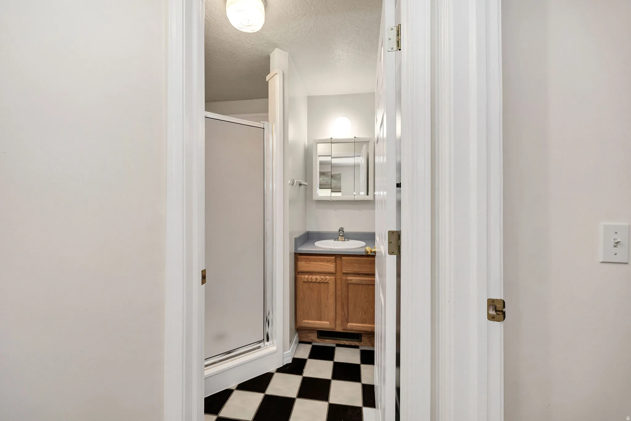 Shower enclosure with frosted glass door, checkered tile flooring, wood-finish vanity with countertop, and an illuminated mirrored medicine cabinet