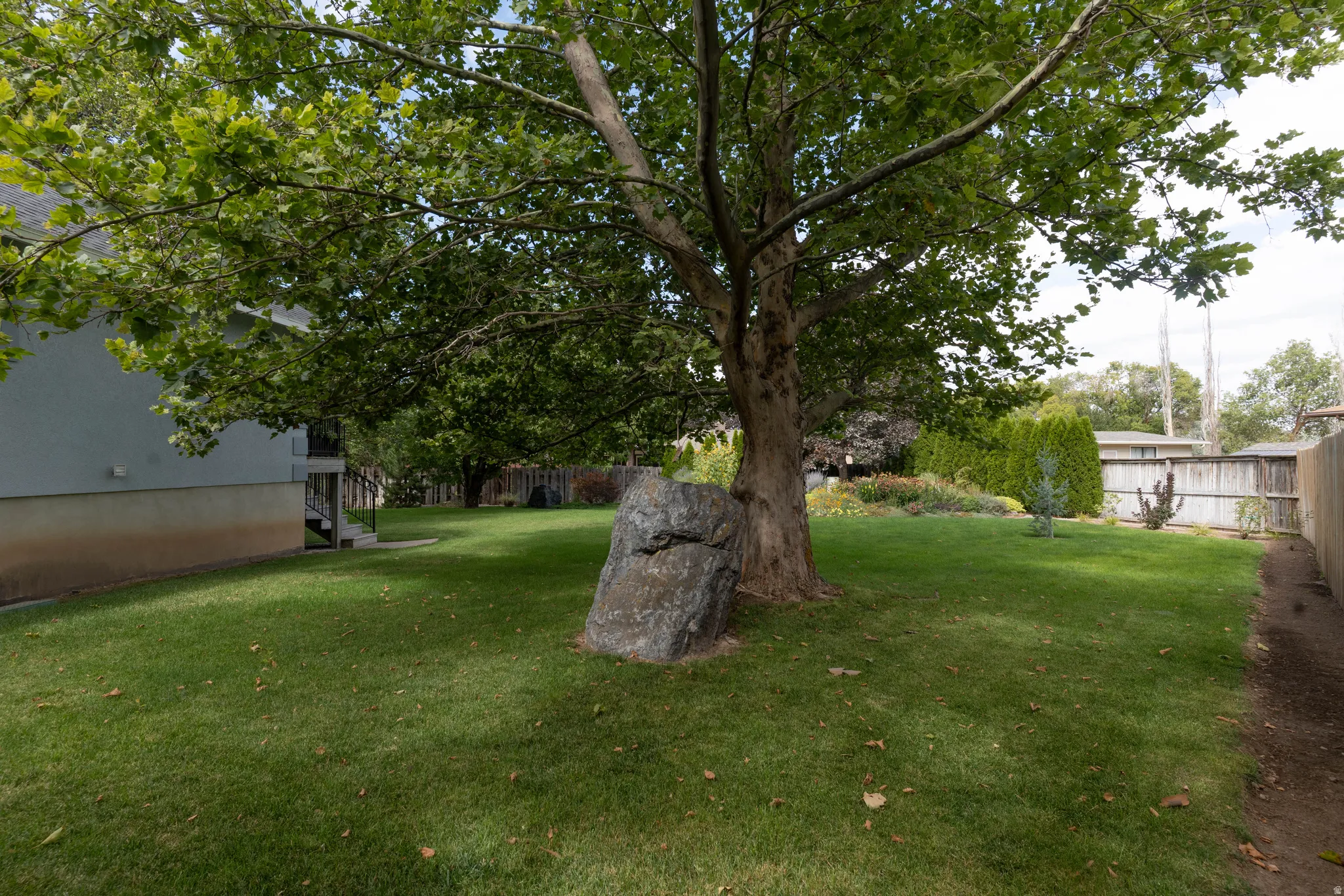 Expansive lawn with mature trees and a substantial decorative boulder
