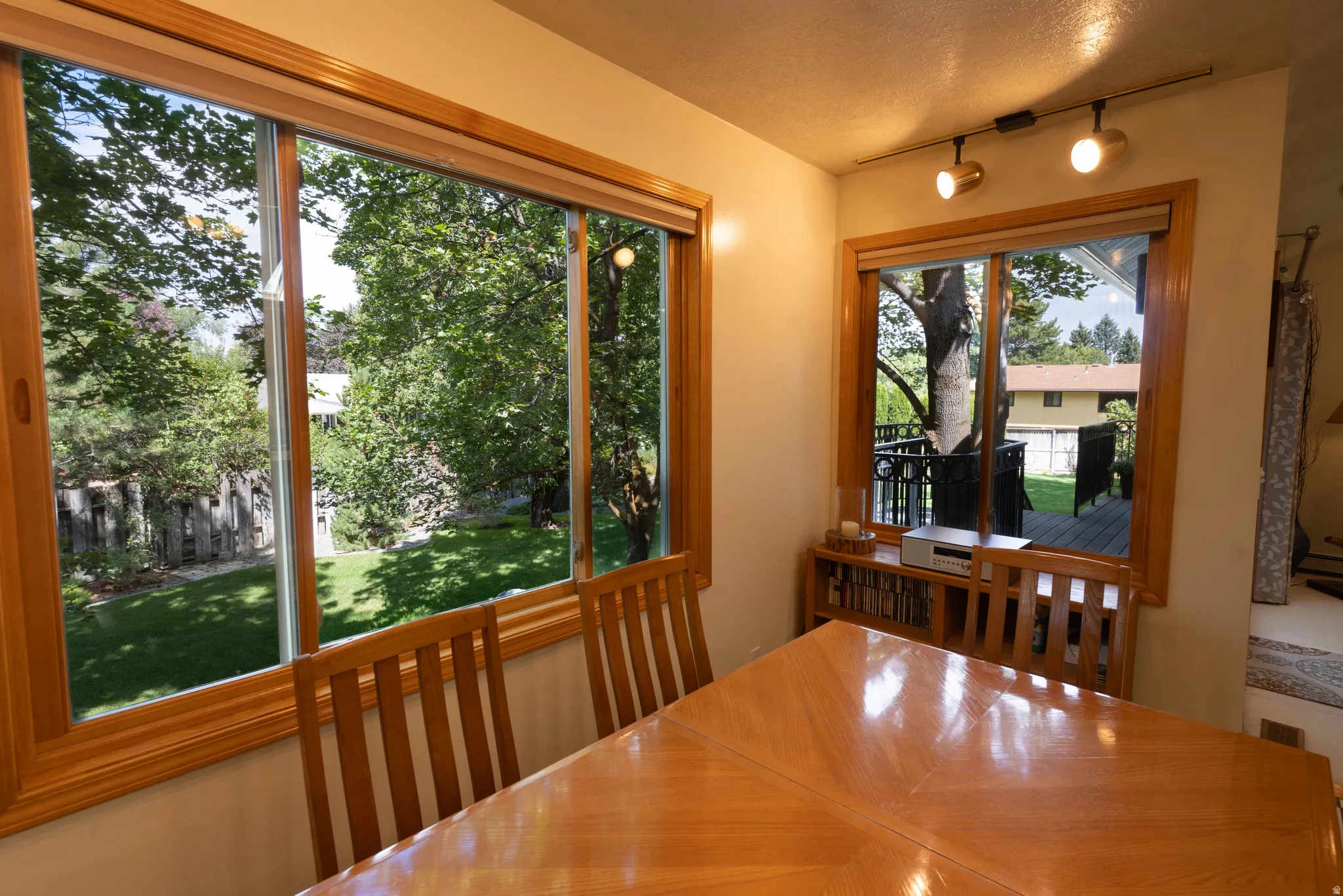 Wood-framed windows overlooking a green yard, track lighting, and built-in shelving