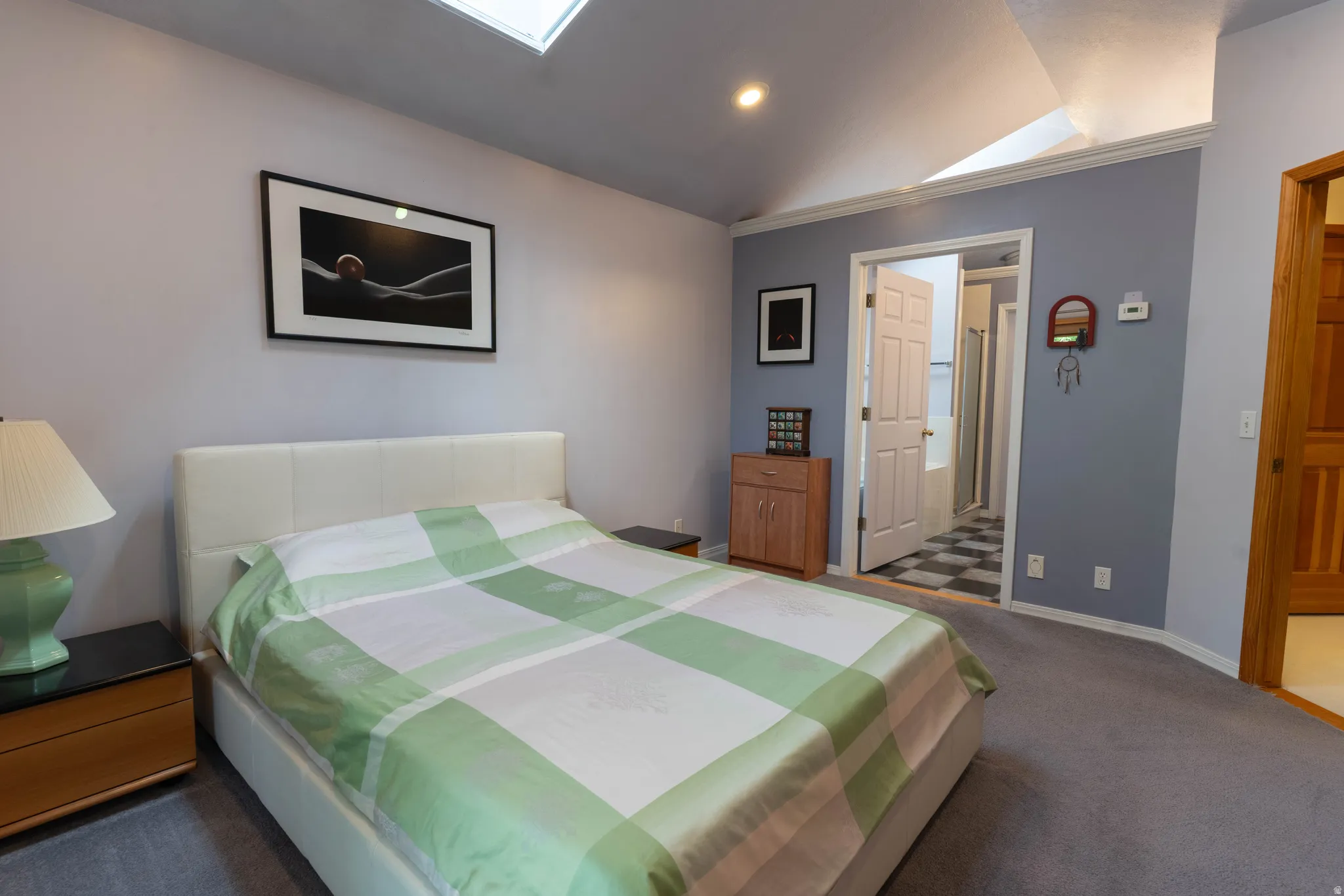 Vaulted ceiling with skylight, neutral wall tones, carpeted flooring, and a solid core interior door