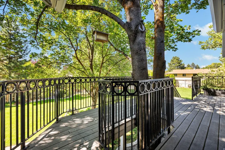 Expansive outdoor decking featuring composite planks and decorative metal railings, surrounded by mature trees