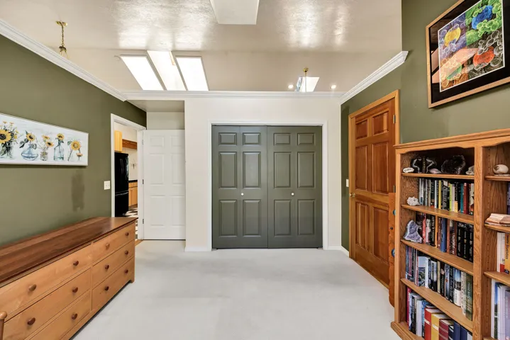 Recessed lighting with multiple skylights, carpet flooring, a natural wood paneled door, and a two-panel bifold closet door