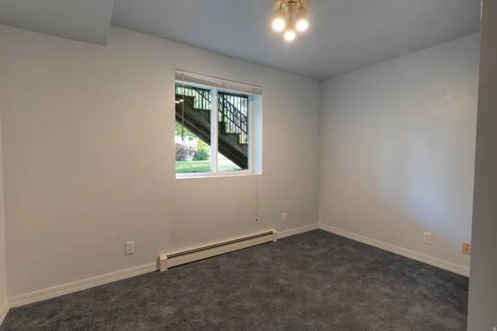 Recessed window with white trim, wall-to-wall carpeting, white painted walls, and an overhead light fixture