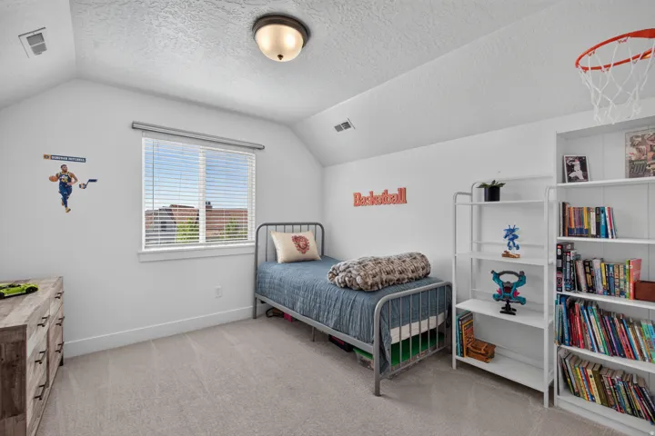 Carpeted room with a window, built-in shelving, and a flush mount ceiling light