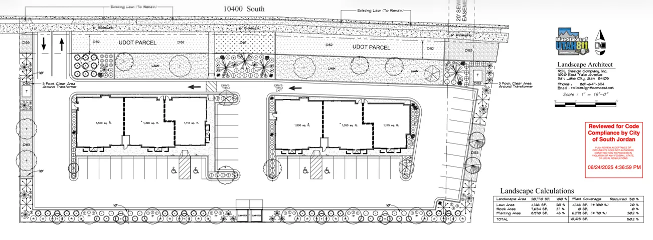 Landscape Architect Plan. Detailing the site layout, landscape calculations, and compliance review for the property