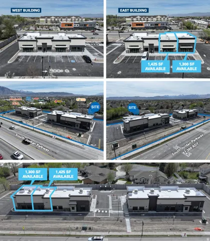 Marketing Brochure, Aerial View. Displaying the property from multiple perspectives with available square footage noted