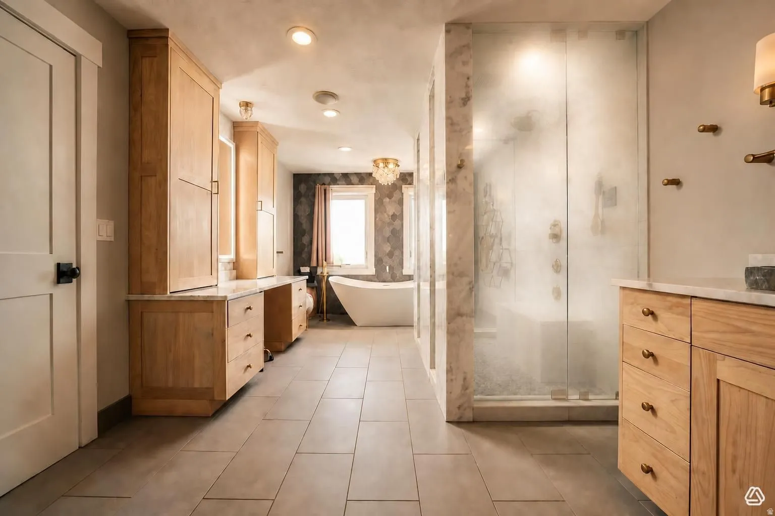 Freestanding bathtub, glass-enclosed shower, dual wood-finish vanity cabinets with stone countertops, and tile flooring